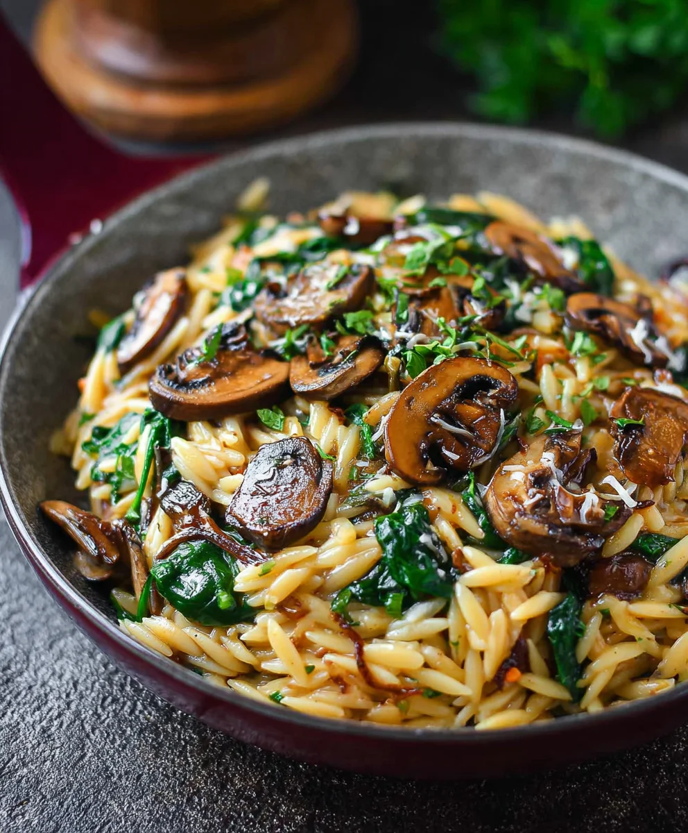 Mushroom Spinach Orzo - Easy Creamy Dinner Recipe