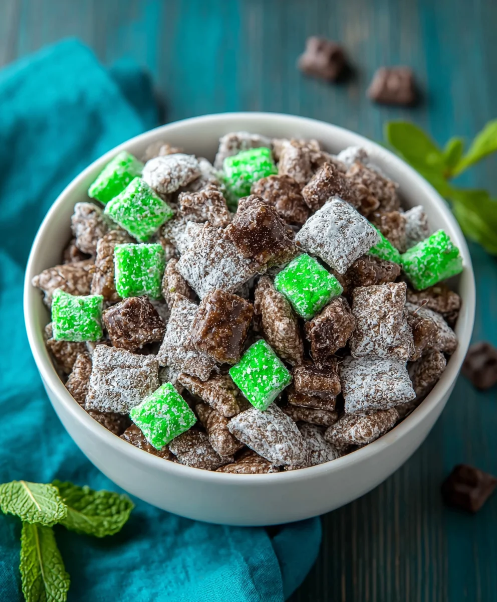 Mint Chocolate Muddy Buddy-Easy Snack Recipe