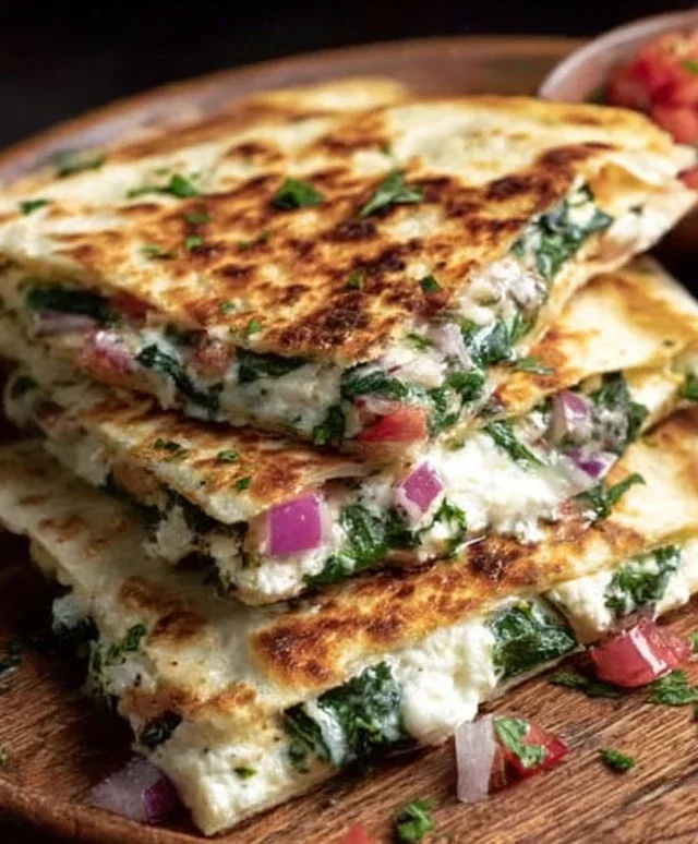 Mediterranean Quesadillas with Spinach, Feta, Mozzarella, and Red Onion