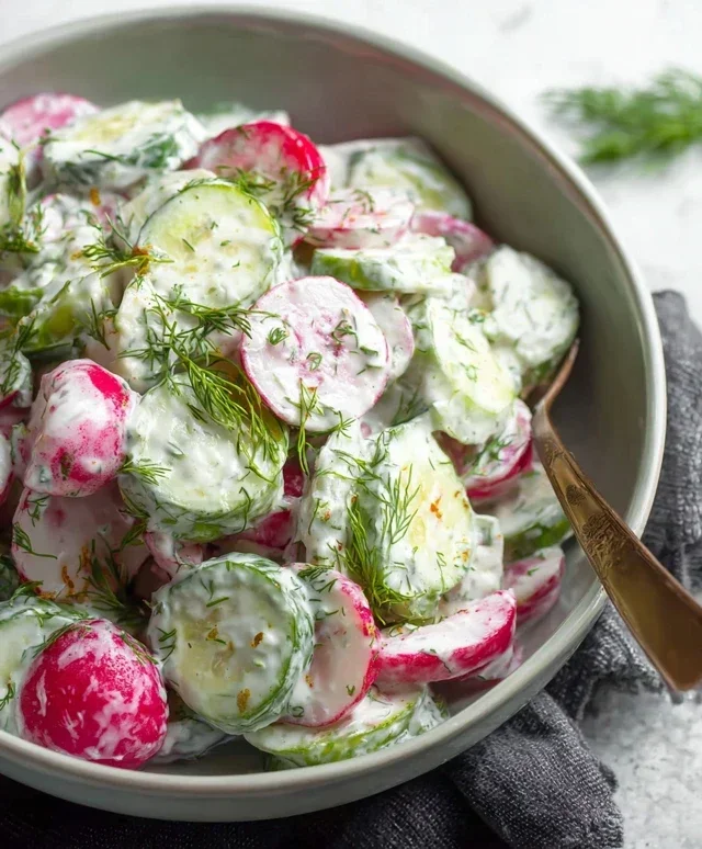 Cucumber Radish Salad w/ Yogurt Dill Dressing