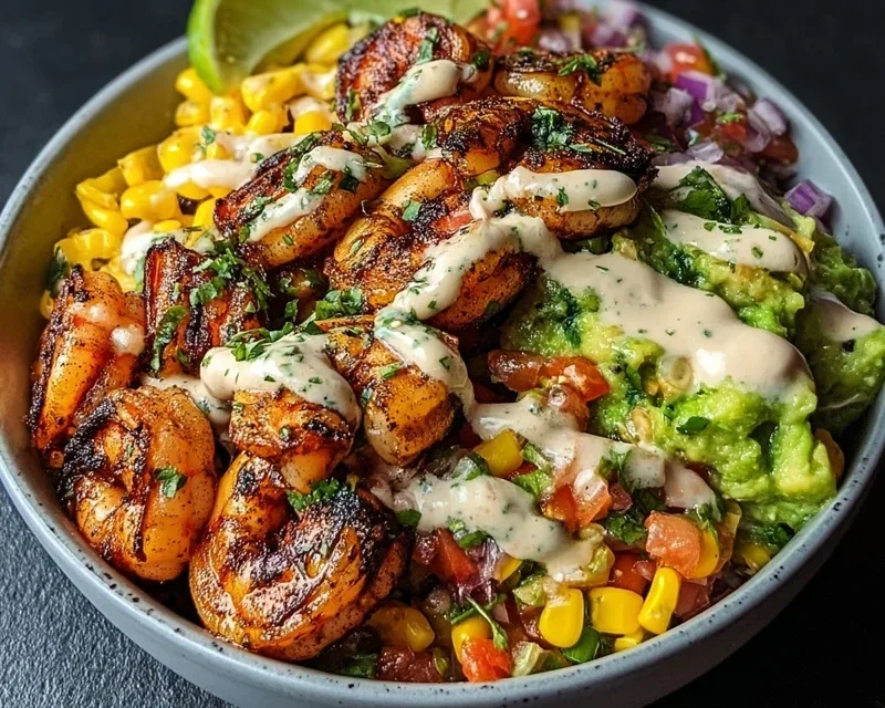 Grilled Shrimp Bowl with Avocado, Corn Salsa & Creamy Garlic Sauce