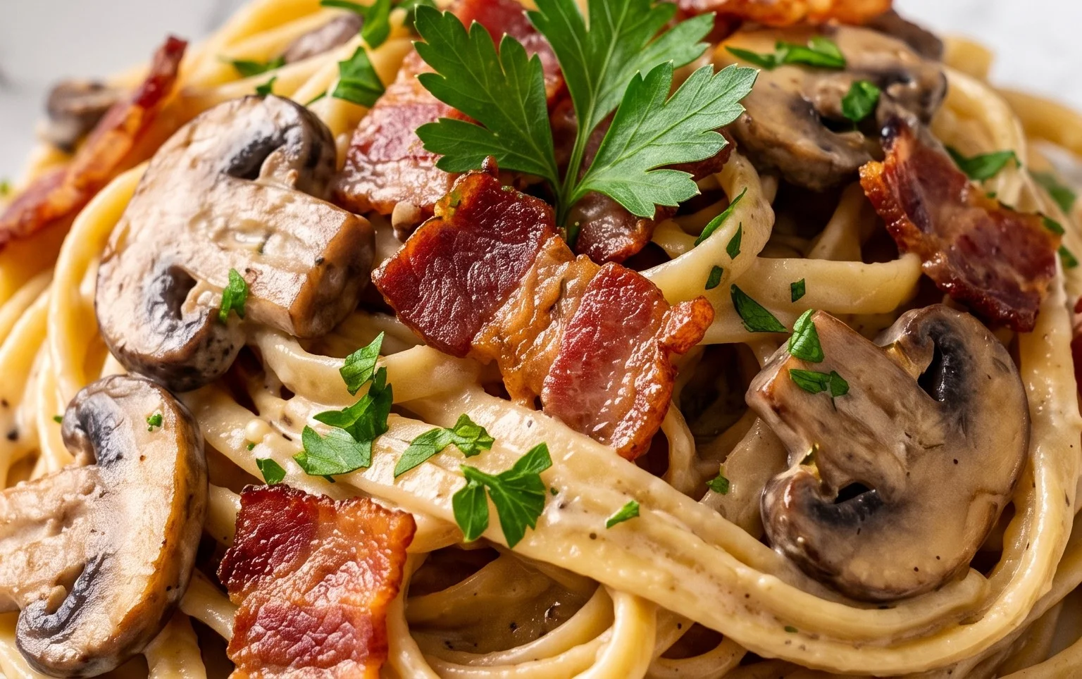 Creamy Beef Bacon and Mushroom Pasta