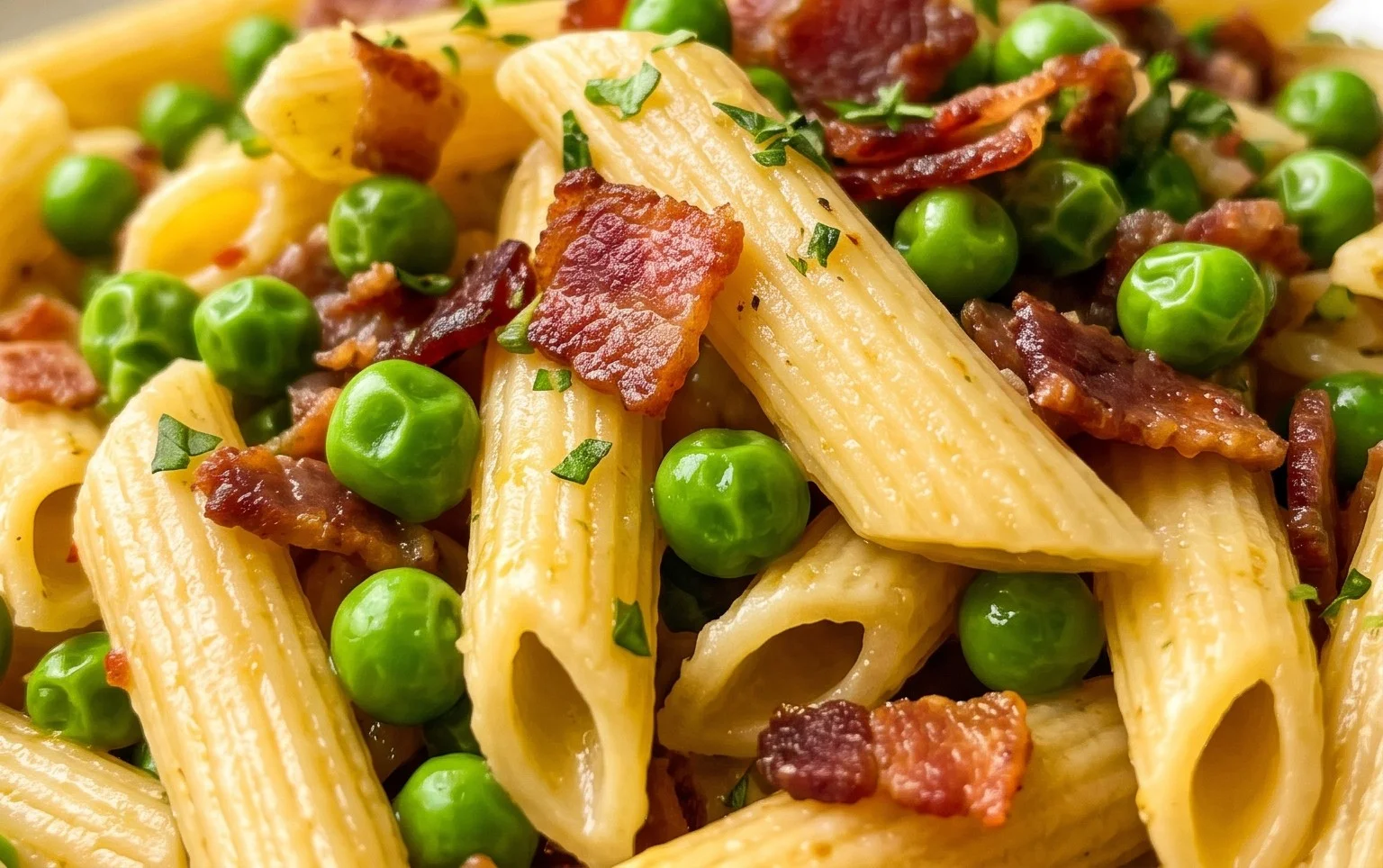 Penne Pasta, Peas and Beef Bacon