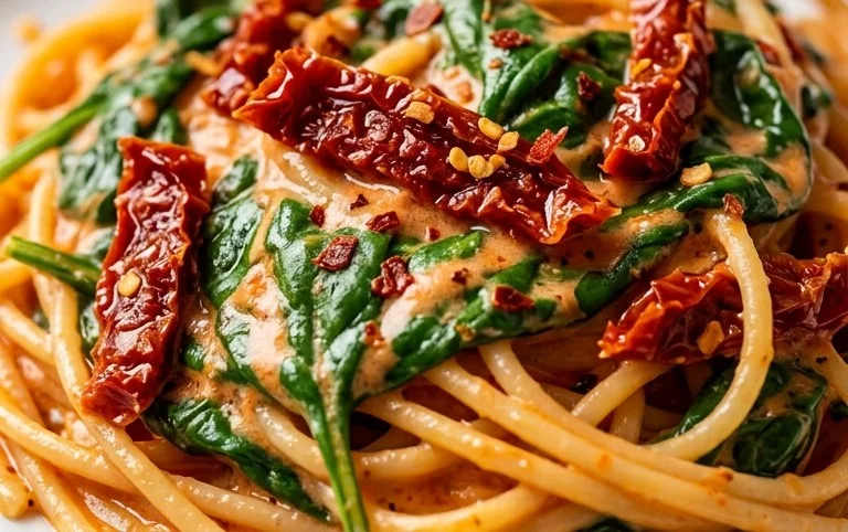 Spaghetti & Spinach with Sun-Dried Tomato Cream Sauce
