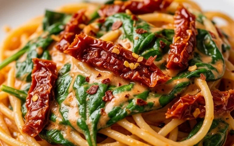 Spaghetti & Spinach with Sun-Dried Tomato Cream Sauce