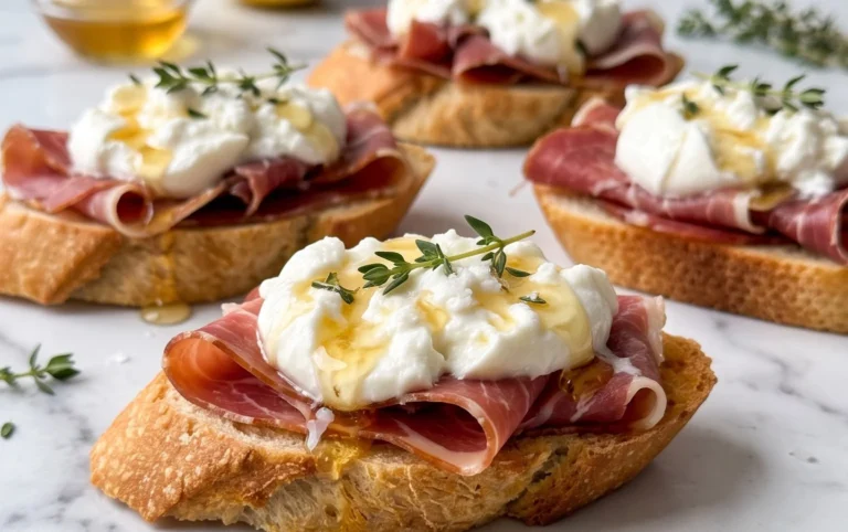 Beef Prosciutto Crostini with Burrata and Lemon Honey Drizzle